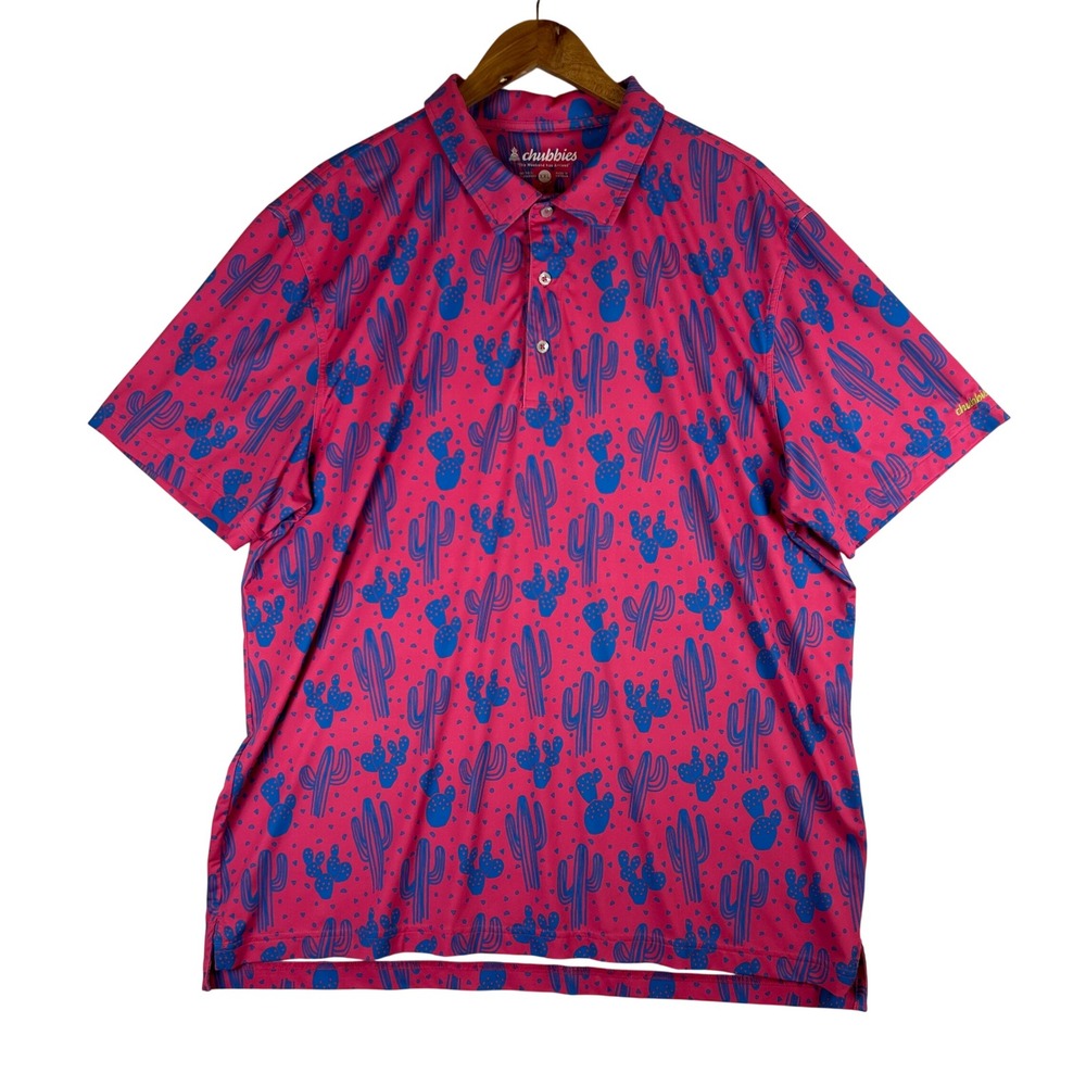 Chubbies Mens XXL Cactus Print Performance Polo Shirt Pink Blue Short Sleeve